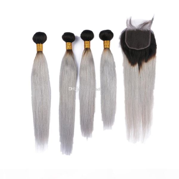 

dark roots silky straight hair extensions with ombre colored 1b grey closure 4x4 ombre color 1b grey straight 3bundles with lace closure, Black;brown