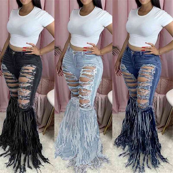 

tassel ripped jeans womens capri high waist vintage flare holes bell bottom denim pants female trousers retro, Black;white