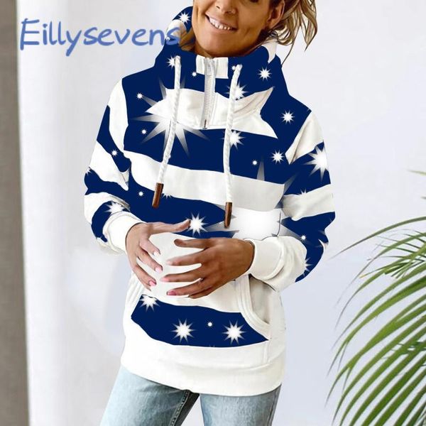 

women's hoodies & sweatshirts women star print long sleeve 2021 autumn winter half zipper streetwear pullover drawstring pocket, Black