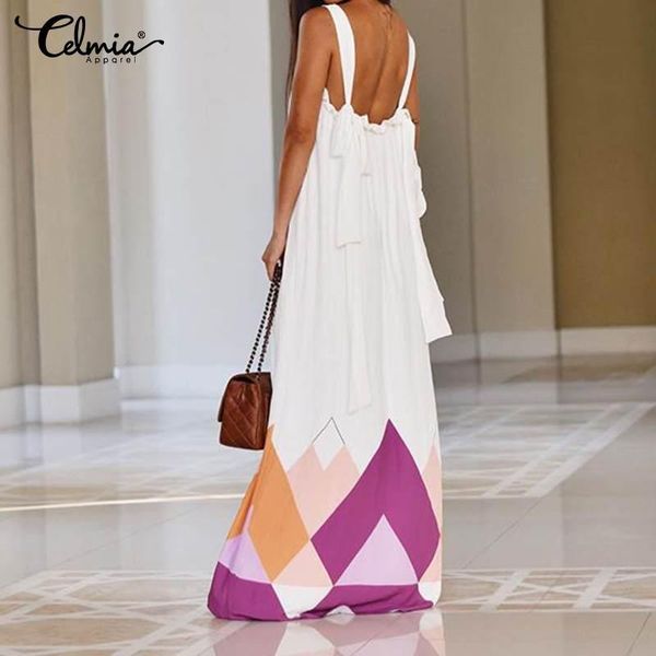 

casual dresses celmia women long maxi dress bohemian print spaghetti straps sleeveless loose beach sundress plus size, Black;gray
