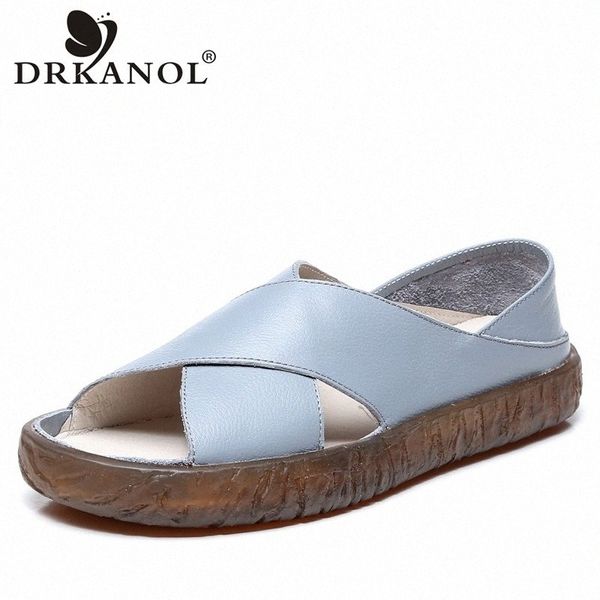 

drkanol women sandals 2020 genuine leather flat gladiator sandals for women summer casual shoes peep toe slip on vintage n4ki#, Black