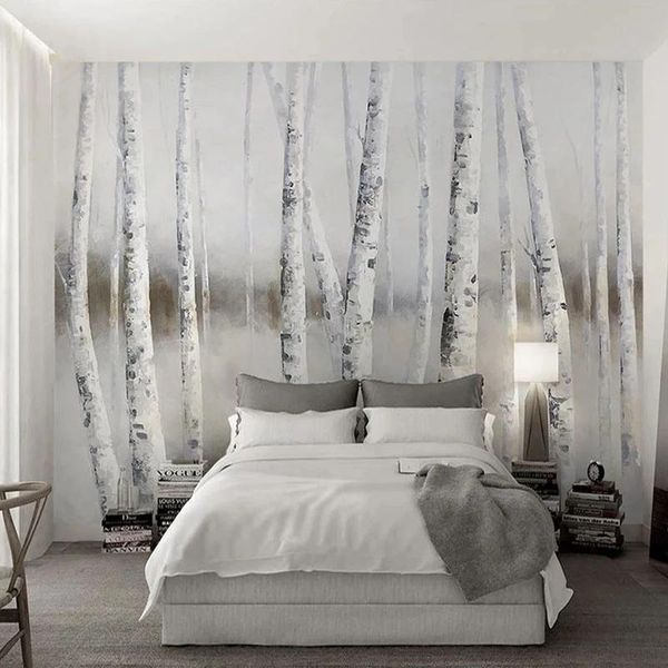 

wallpapers custom po self-adhesive wallpaper 3d stereo birch forest oil painting living room sofa bedroom home decor mural waterproof