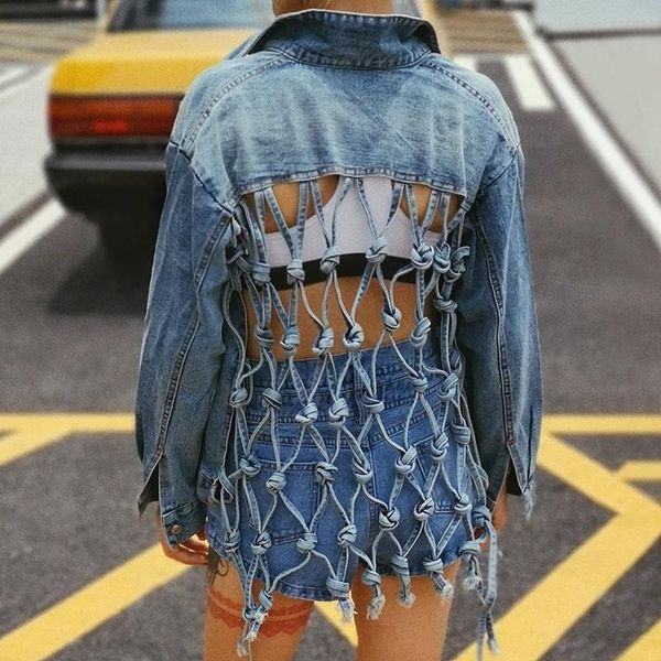 

women's jackets 2021 women backless jean jacket lapel collar long sleeve tassel bandages summer coat female fashion tide, Black;brown