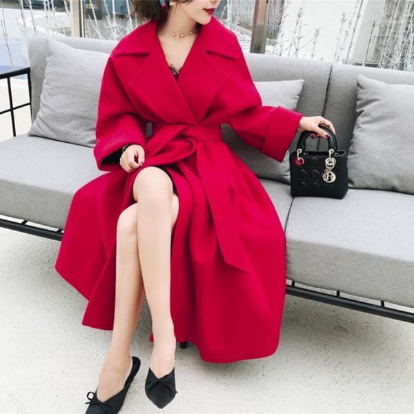 

winter woolen coat female wool jacket women turn-down collar quality material belt long elegant overcoat ladies solid coats 10451, Black