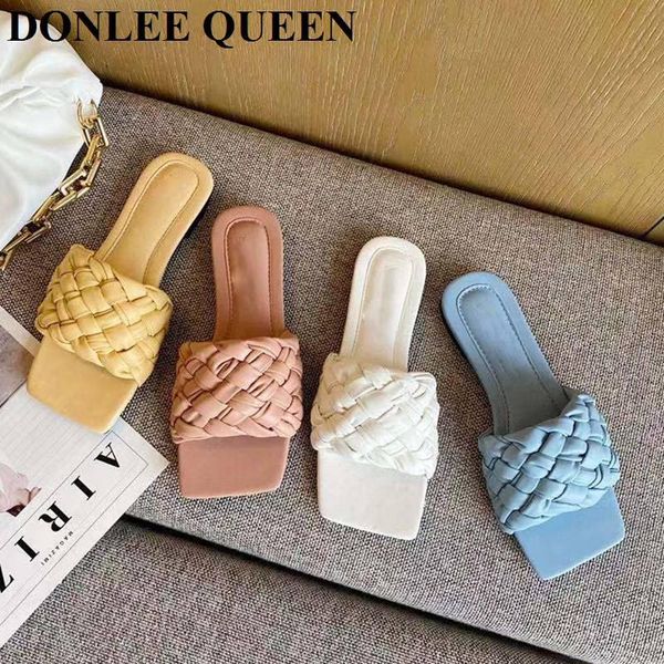 

slippers 2021 brand square toe flat women fashion weave slides casual beach flip flops candy color sandals comfortable shoes, Black