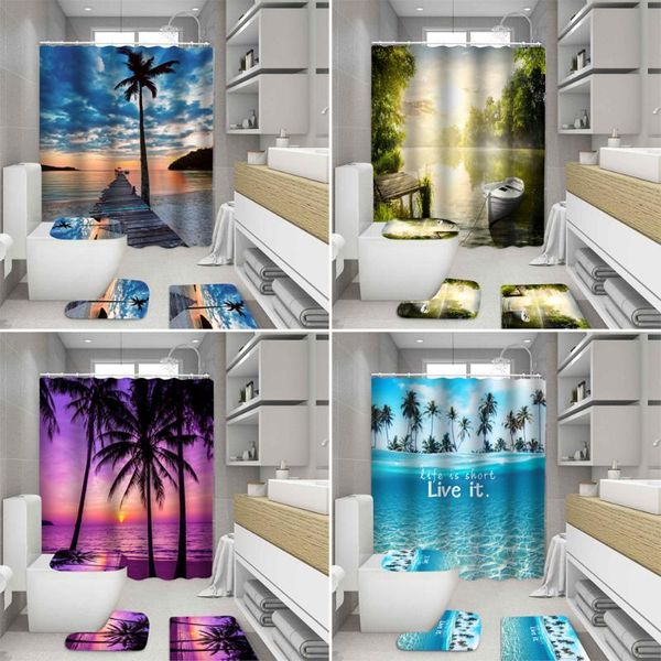 

shower curtains bipoobee dusk beach fabric seaside scenery bathroom curtain anti slip pedestal rug lid toilet cover bath mat set