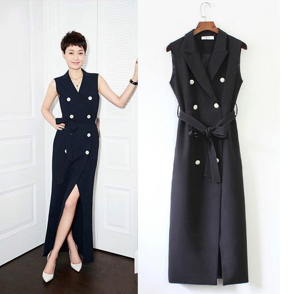

high-quality women's vest jacket new long suit autumn double-breasted ladies sleeveless coat black fashion blazer female, White;black