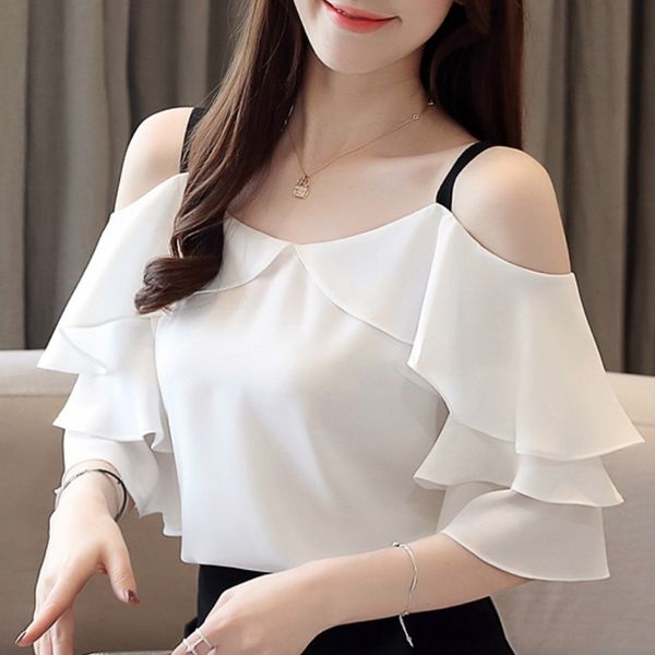 

blouse women blusas mujer de moda ruffles chiffon blouse shirt off shoulder short sleeve white blouse women shirts b296 210602