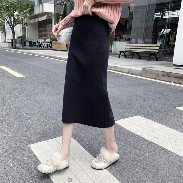 

skirts mid-long knitted half-length skirt women's high waist elastic a-line one-step autumn winter open-forked, Black