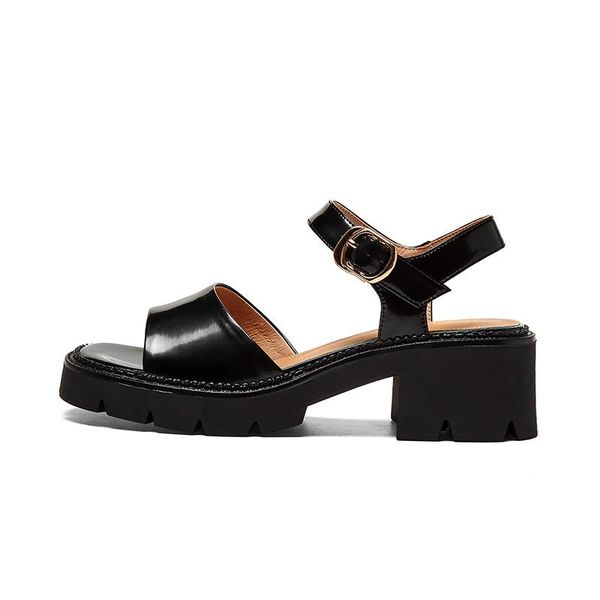 

sandals platform shoes women genuine cow leather for 2021 summer open-toed mid-heel patent, Black
