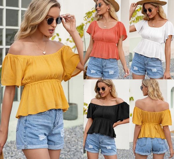 

women's t-shirt waist square collar short sleeve ruffle sleeve top, White