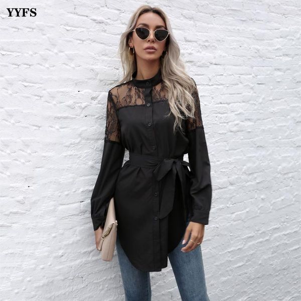 

yyfs women's shirt new solid color lace stitching cardigan womens long sleeve round neck lacing slim shirt women chemise, White