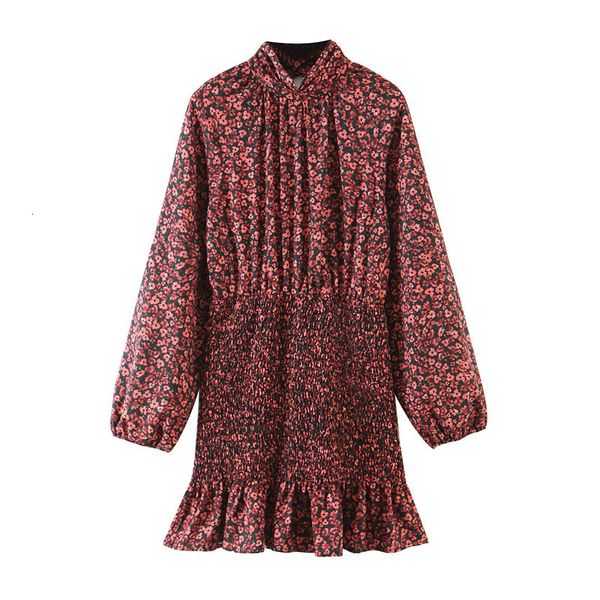 

2021 new fashion women vintage flowers print long sleeve waist elastic ladies mini pleated es vestidos idb2, Black;gray