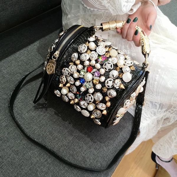 

handbag personalized women's bag 2021 bucket beaded rivet water drill one shoulder messenger fashion, Black;red