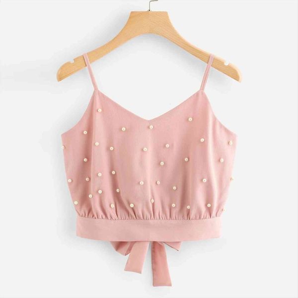 

chiffon soft breathable camisole sleeveless women camis solid color pearl beading bow crop casual daily wearing summer, White