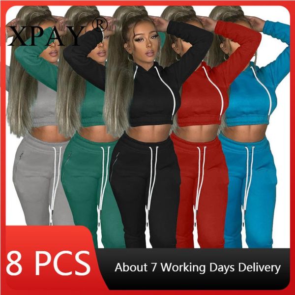 

women's two piece pants wholesale bulk items lots tracksuits for women fall winer brushed 2 set outfits hoodie + cargo pant solid color, White