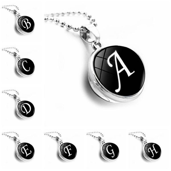 

pendant necklaces wg 1pc 26 english letters time gem&stone double sided glass ball necklace metal cabochon clavicle jewelry, Silver