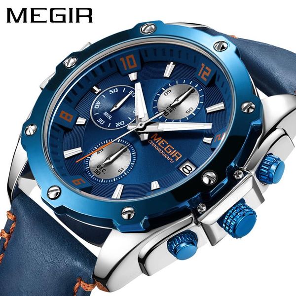 

wristwatches megir chronograph men watch relogio masculino blue leather business quartz clock creative army military wrist watches, Slivery;brown