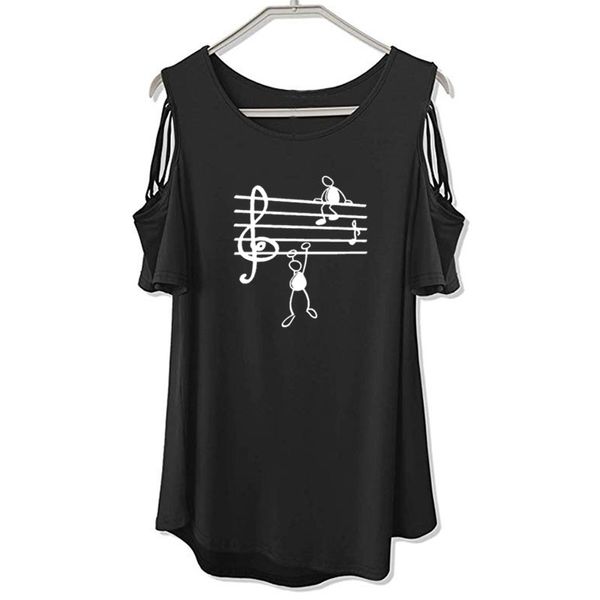 Müzik Notları Baskı Gömlek Kadın Harajuku Kapalı Omuz Öğrenci Müzik Lover Hediye Moda T-shirt Kadın Hollow Femme Tops 210310