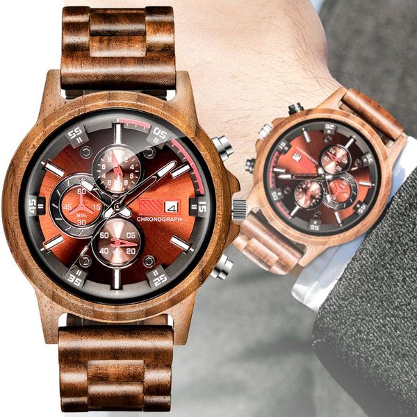 

wristwatches solid walnut wood watch zebra ebony wooden quartz watches multi-function chronograph date creative wristwatch men sport clock, Slivery;brown