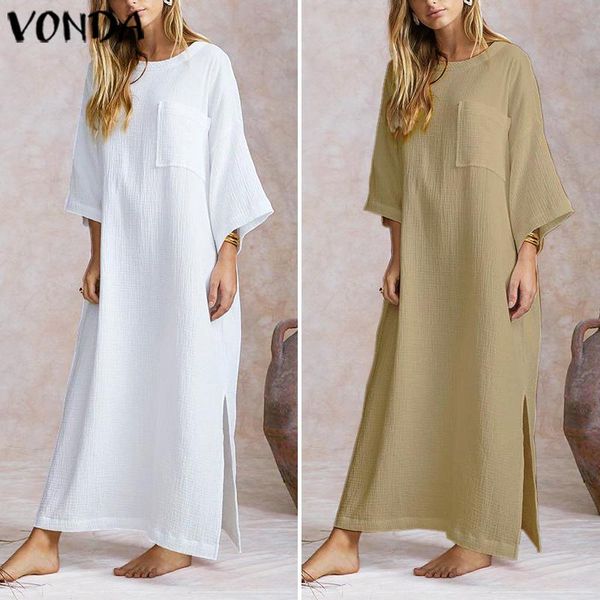 

casual dresses vonda elegant women solid maxi long dress 2021 cotton vintage bohemian white split hem vestido robe femme, Black;gray