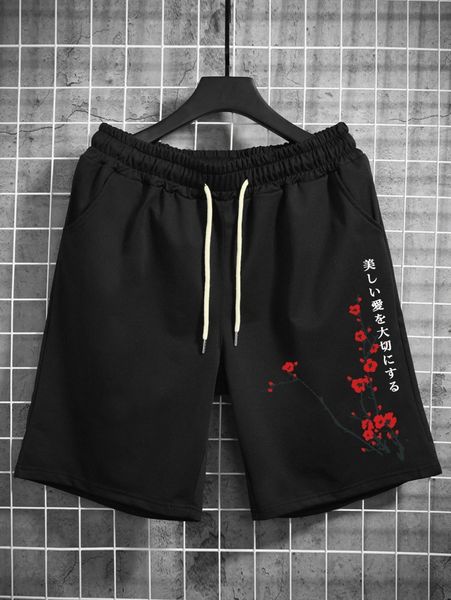

men floral & japanese letter graphic drawstring waist shorts 02vk#, Black