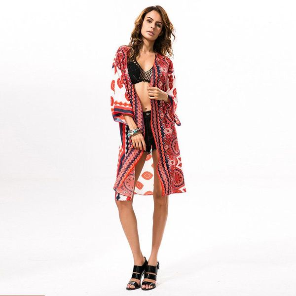 

women's blouses & shirts women summer blouse beach boho kimono cardigan vintage floral printed casual loose long coat s2634, White