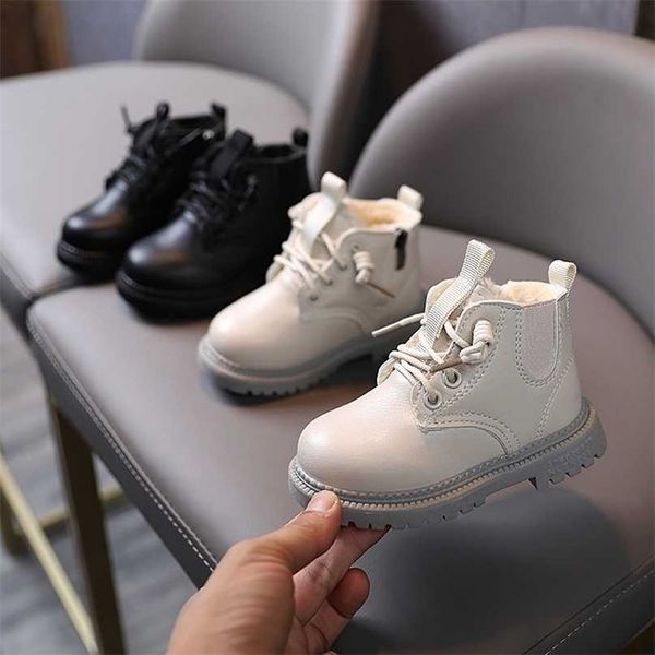 

autumn winter plus velvet warm martin boots kids shoes for girl solid color fashion snow pu leather children boys 211102, Black;grey