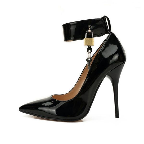 

dress shoes 2021 fetish high heels lock and key 5 inch pointed ankle strap padlock xl 36-46, Black