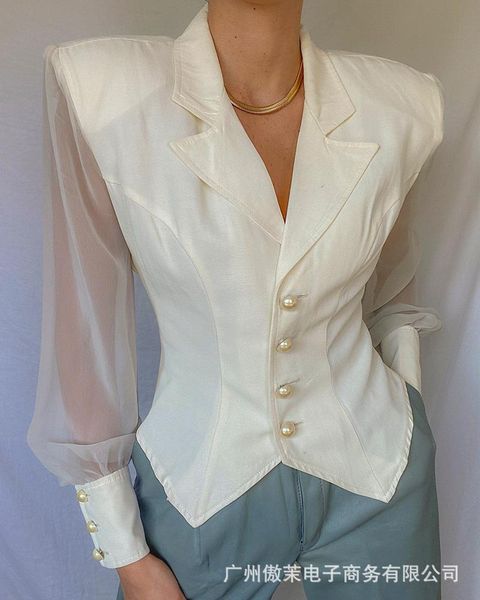 

women's suits & blazers 2021 autumn long sleeve retro wide shoulder mesh splicing waist closing suit coat, White;black