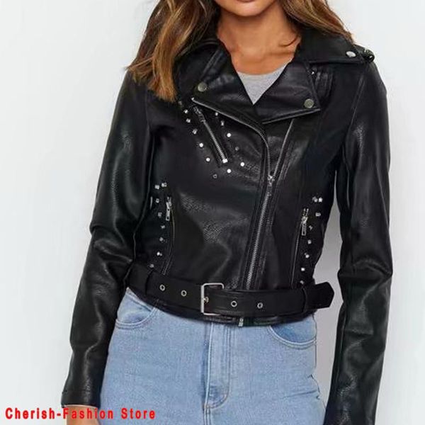 

women's leather & faux 2021 autumn women winter soft jackets coats lady black pu rivet zipper epaulet brand motorcycle streetwear