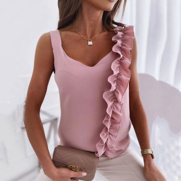 

women's blouses & shirts women sweetshirts ruffle blouse 2021 summer backless pink casual elegant sleeveless v neck ladies femme, White