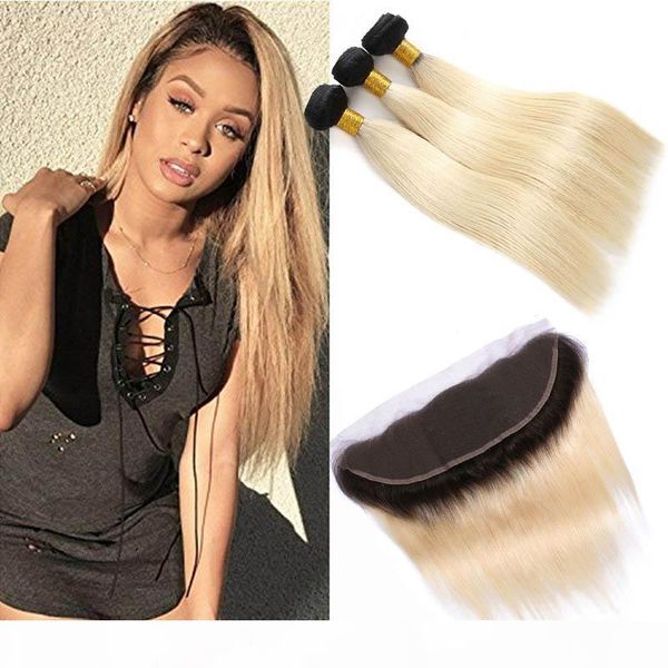 

brazilian unprocessed human hair extensions with 13x4 lace frontal 4 pieces lot body wave 1b 613 virgin hair wefts with closure 8-24inch, Black;brown