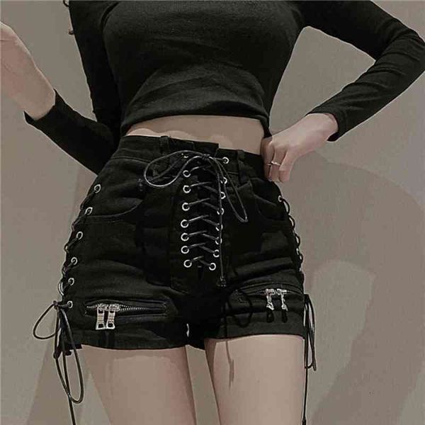 

bandage denim shorts women streetwear gothic jeans mini high waist lace up casual zip black goth club fashion, White;black