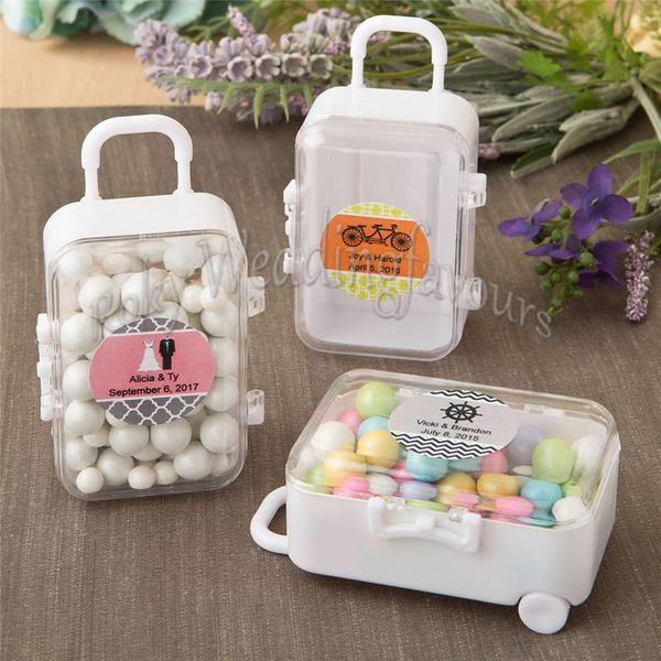 

factory outlet fast shipping 12pcs white acrylic mini rolling travel suitcase candy box baby shower wedding favors party sweet table decors