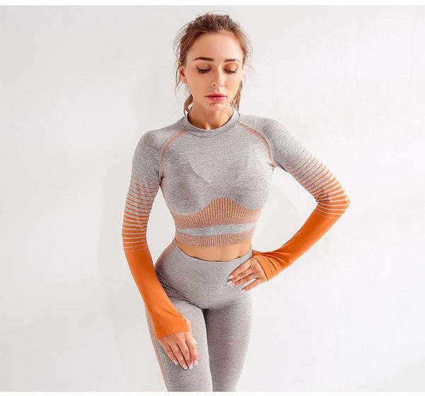 

women's t-shirt gradient color sports tights autumn and winter fitness running seamless long-sleeved, White