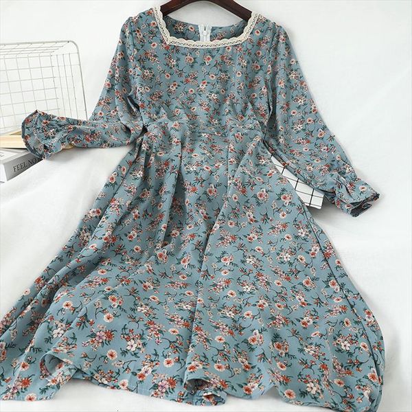 

mori girl floral hippie womens dress boho chiffon vintage square neck elegant long sleeve clothes autumn retro, Black;gray