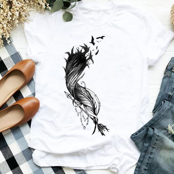 

women lady ladies feather bird cartoon short sleeve print fashion t tee womens tshirt female shirt clothes graphic t-shirt, White