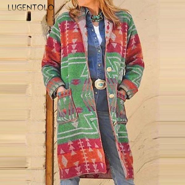 

women's wool & blends lugentolo women slim-fit print autumn winter casual coat long sleeve cardigan pocket lapel female large size jack, Black
