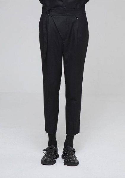 

men's pants spring and autumn hair stylist fashion street belt nine solid color slim pencil trend young trousers, Black