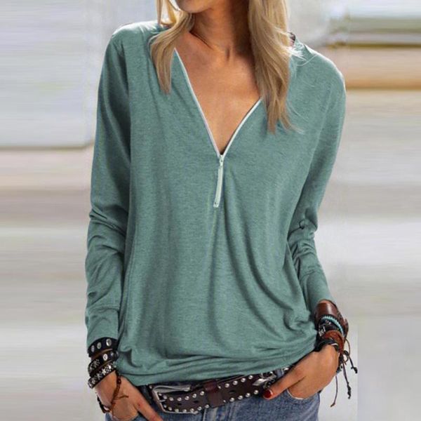 

women's t-shirt casual fashion women autumn solid color zipper neckline v neck pullover long sleeve soft clothing plus size, White