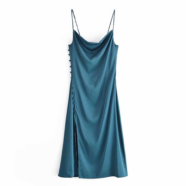 

summer women satin dress pajama style elegant lady woman short camisole slit dress 210709, Black;gray