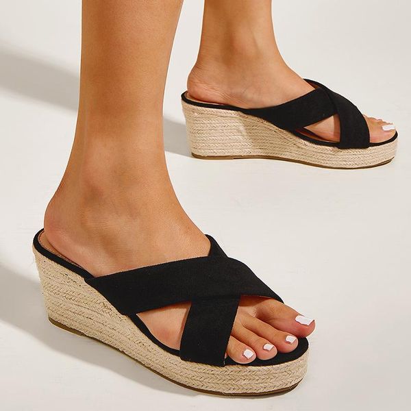 

slippers 2021 women summer wedges slides outdoor ladies casual flip flops peep toe rome platform fashion female shoes, Black