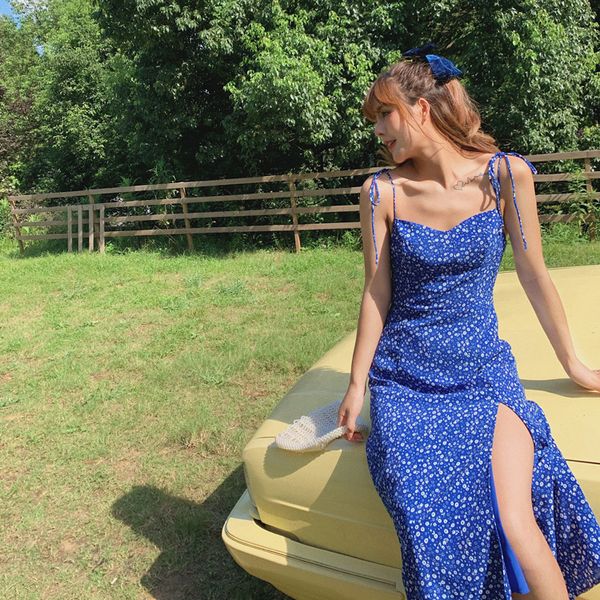 

summer european and american retro-holiday blue floral slimming divide fairy chiffon girdle midi dressed korean kawaii 3u44, Black;gray
