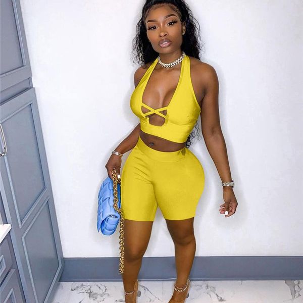 

women's swimwear summer streetwear bodycon two piece sets women outfits backless sleeveless hollow out halter crop biker shorts suits, White;black
