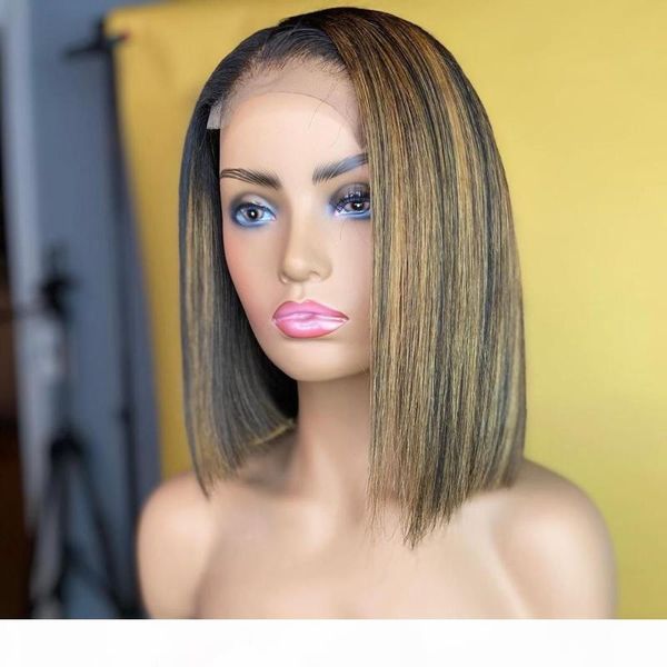 

bib ombre highlight wig 2x6 hd transparent lace front wig straight bob brown honey blonde short bob lace front, Black;brown