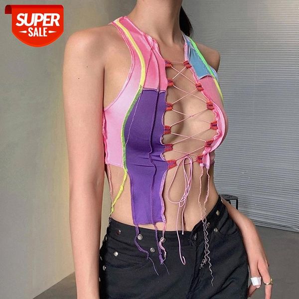 

hollow out camisole women punk style ribbed knitting crop club party wear colorful tank bandage vest female #qg31, White