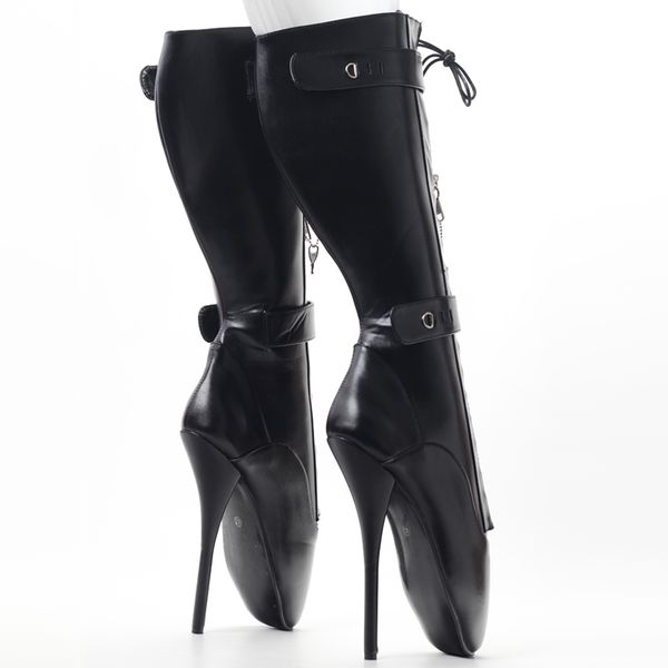 

fetish ballet pointe pain knee boots concealed lace lockable strap, Black;white