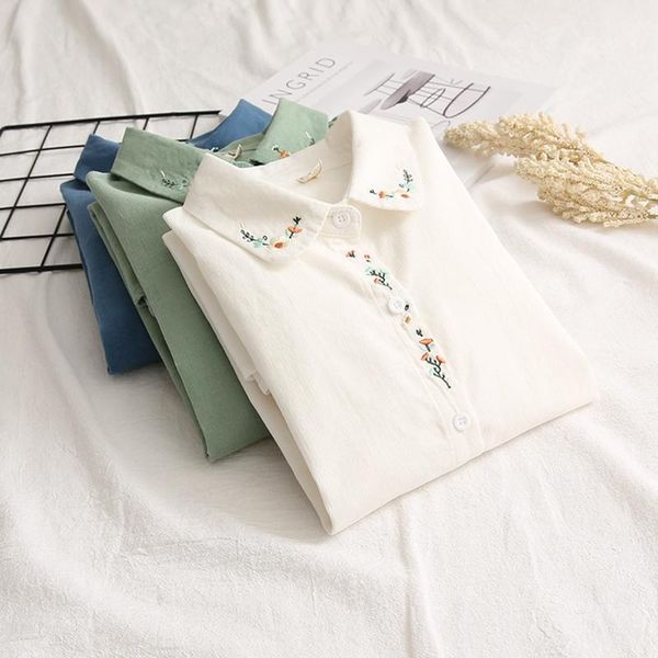 

women's blouses & shirts cotton 100% embroidery women vintage 2021 turn-down collar long-sleeved solid elegant office lady outwear, White