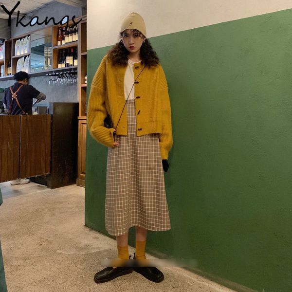 

2021 autumn vintage women 3pcs sets sweater single-breasted cardigan white basic t-shirt plaid a-line high waist skirt korean style 3rii